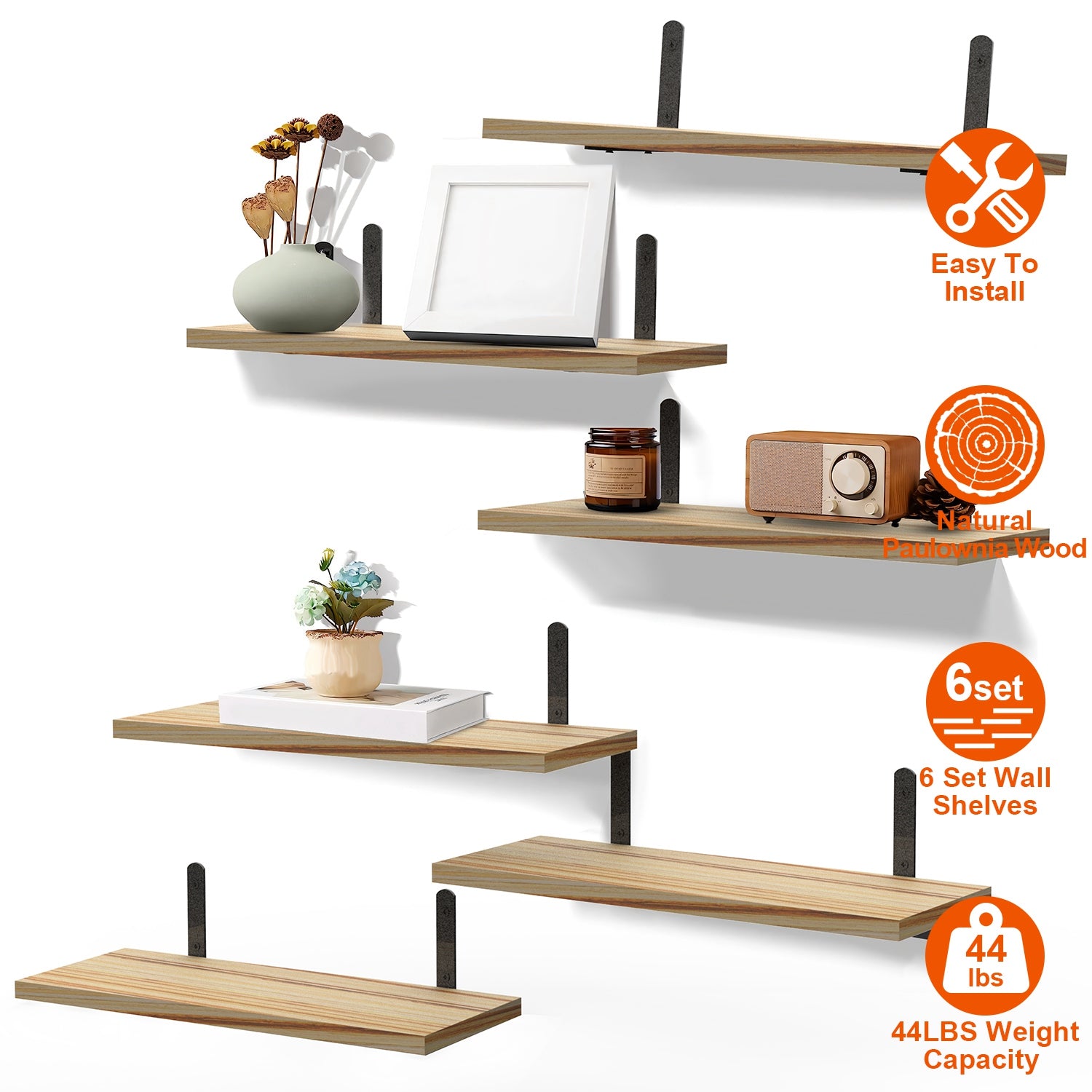 6 Sets Floating Shelves 15.74x5.74Inch Wall Mounted Shelves Wood Storage Shelves Metal Bracket Hanging Display Shelf Wall Organizer for Living Room Ba 