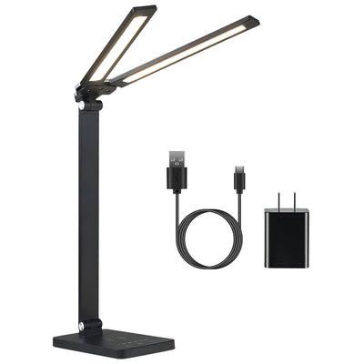Double Head Desk Lamp with Wireless Charging USB Charging Port 5 Color 5 Brightness Eye-Caring Flexible Reading Lamp Foldable Time Setting Table Worki 