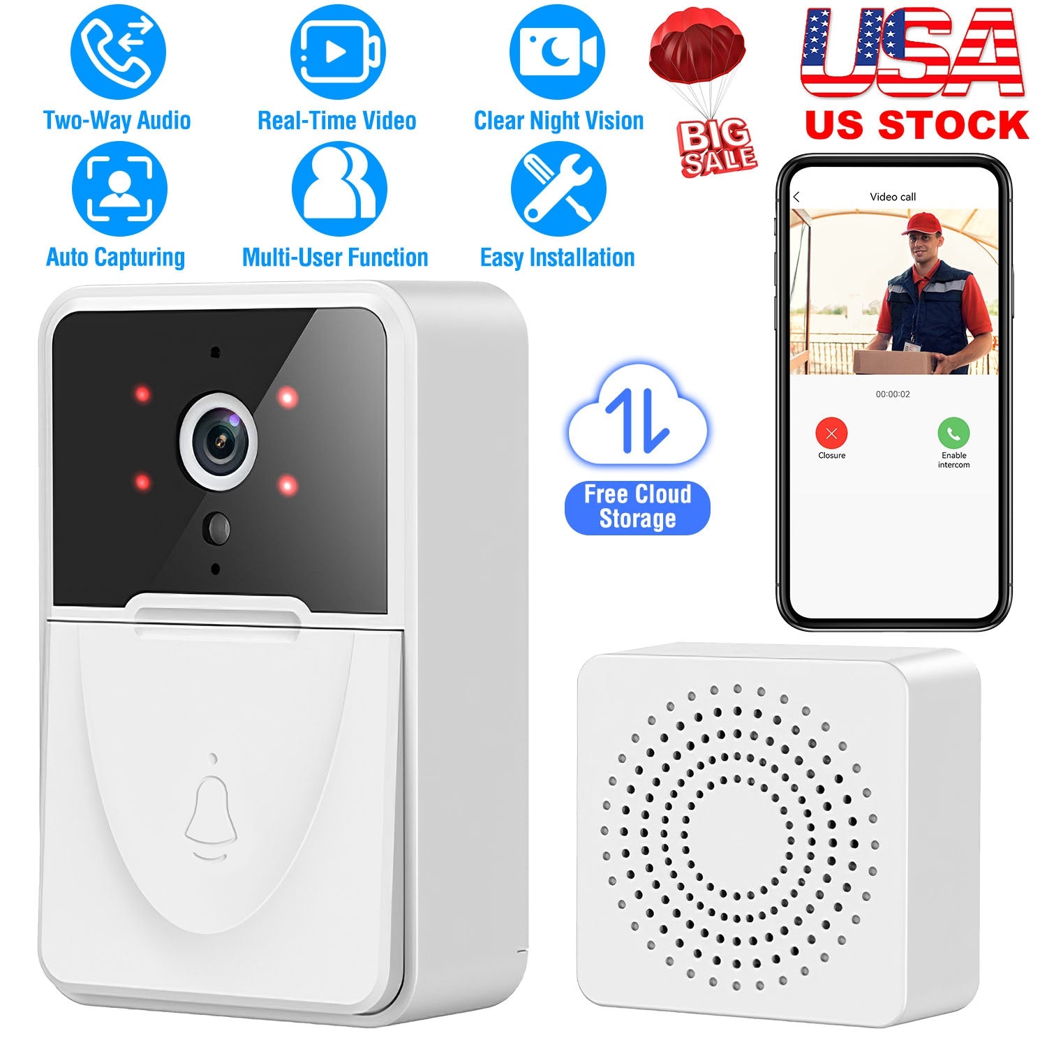 Smart Wireless Wi-Fi Video Doorbell Security Phone Door Bell Intercom Camera Door Bell Chime Two Way Audio Night Vision