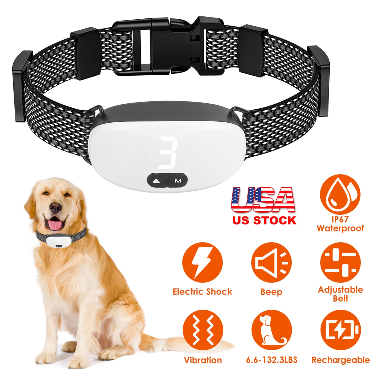 Electric Dog Training Collar IP67 Waterproof Rechargeable Dog Bark Collar with 3 Training Modes Dog Bark Control