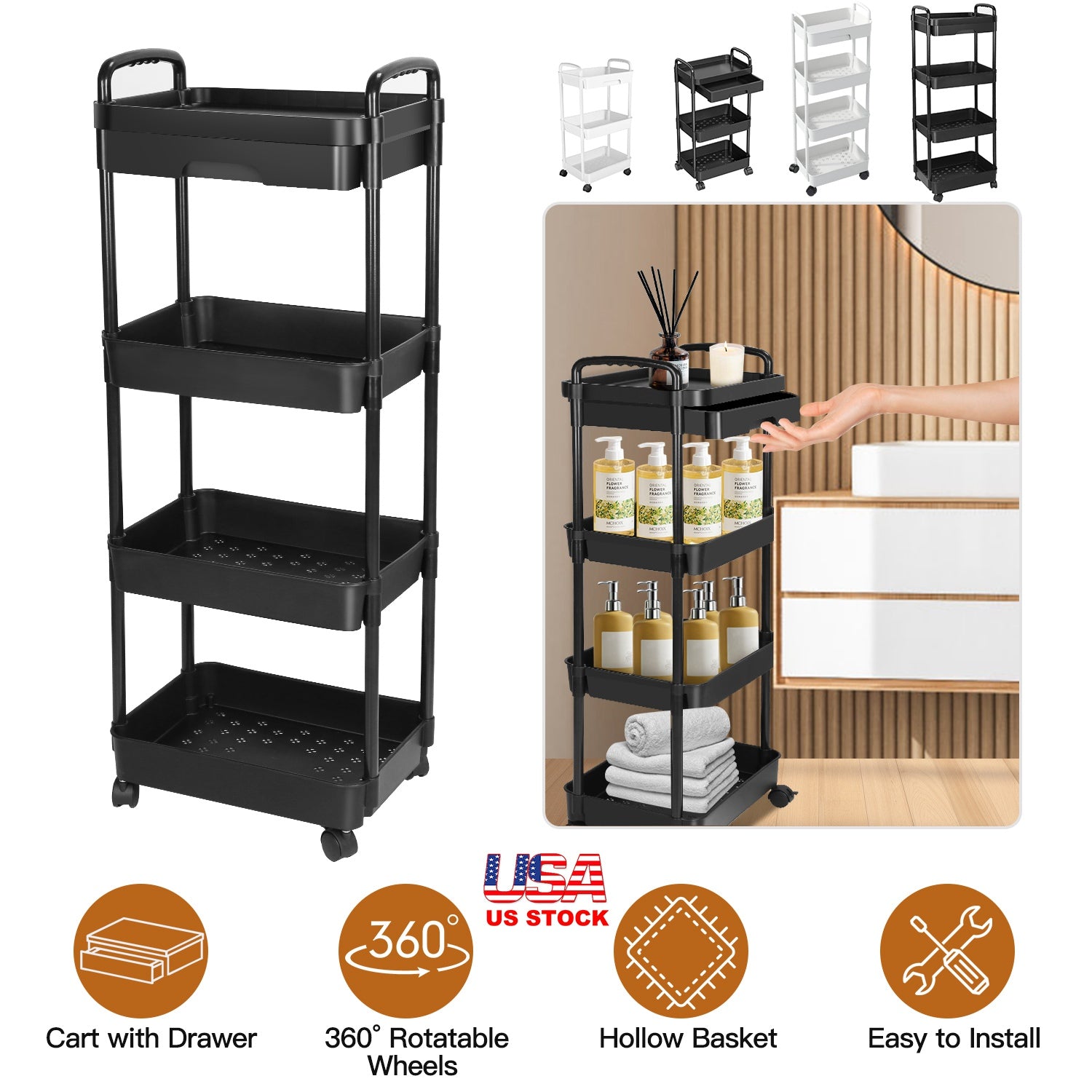 4 Tier Rolling Utility Cart Movable Storage Organizer with Drawer Lockable Wheels 360 Degree Rotatable Hallow Design for Bedroom Bathroom Kitchen 