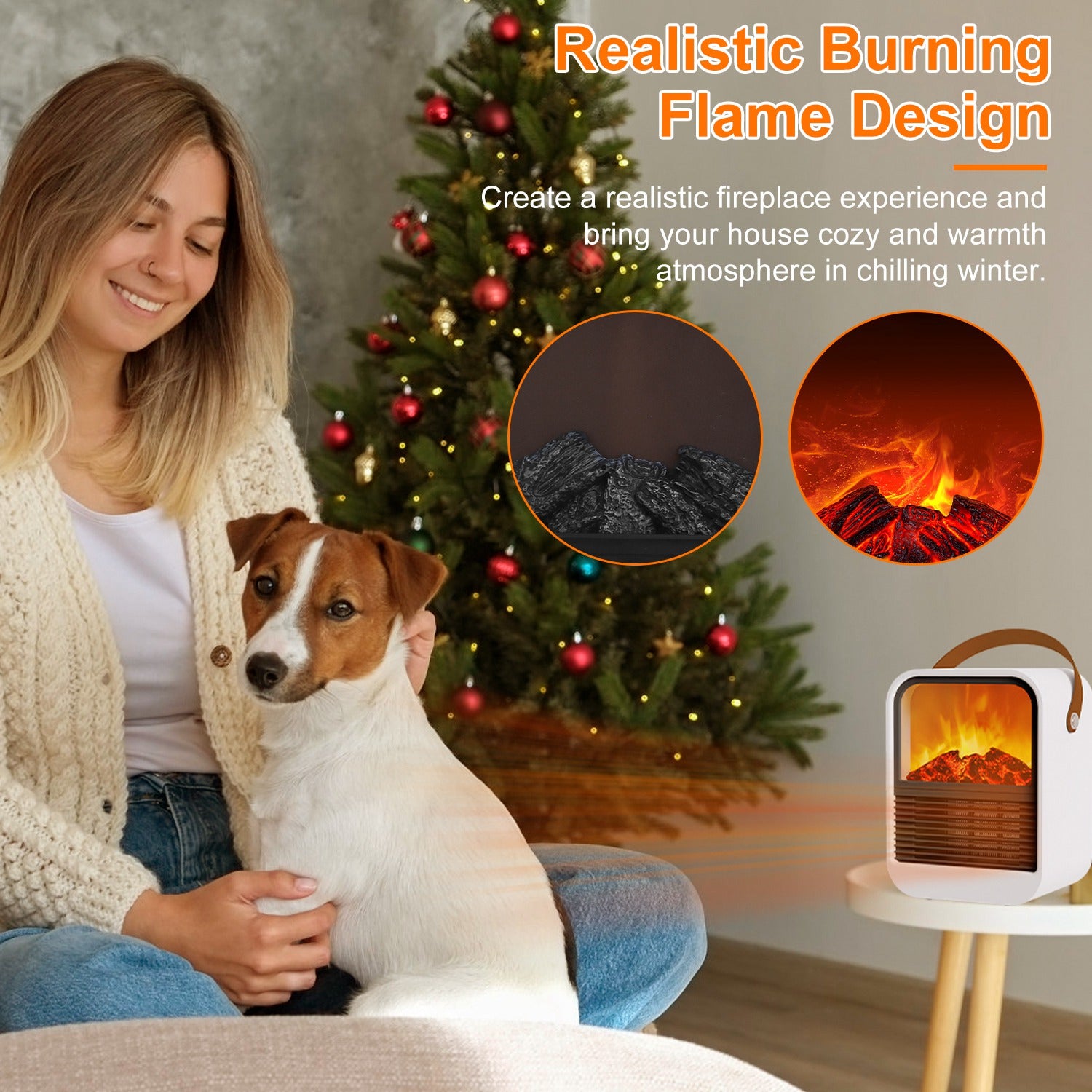 1500W Portable Electric Fireplace Heater 2 Gear Temperature PTC Ceramic Space Heater with Realistic Burning Flame Overheating Tip Over Protection 3S H