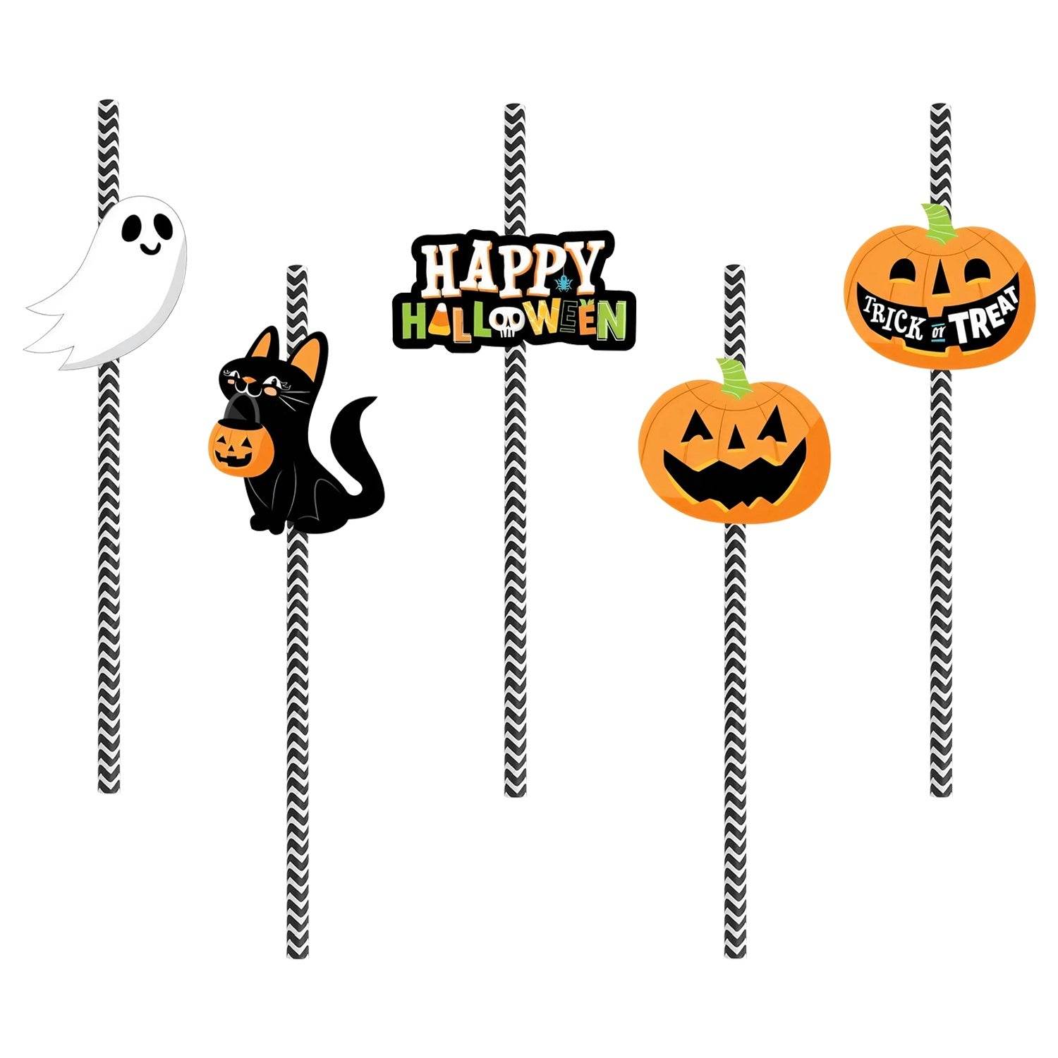Set Of 25Pcs Halloween Party Striped Decorative Straws Disposable Drinking Straws Paper Straw Decor Happy Halloween Ghost Lantern Black Cat Halloween Party Supplies 