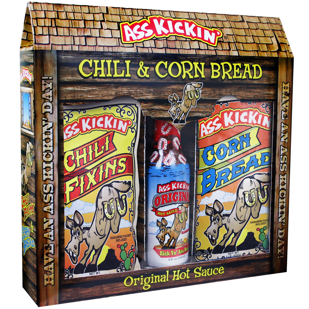 Ass Kickin' Chili Corn Bread Gift Set: 1 Bag Ass Kickin' Chili Fixins1 Bag Ass Kickin' Corn Bread1 5oz Bottle Ass Kickin' Original Hot Sauce 