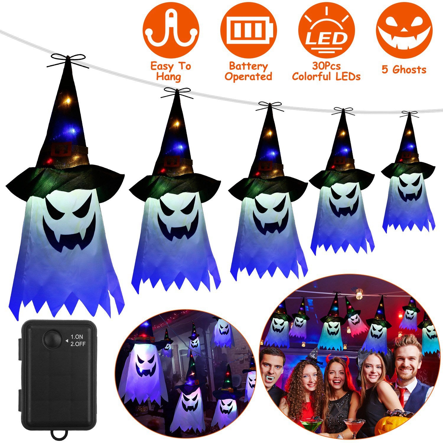 Halloween Ghost Witch Hat Hanging Light Lantern 11.6ft Outdoor String Decorative Light Patio Yard Garden Indoor Light