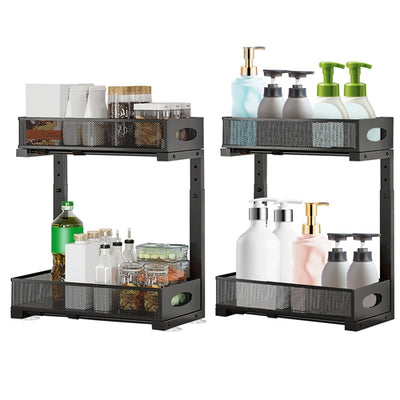 2Pcs Under Sink Organizer 2 Tier Pull Out Cabinet Baskets Storage Shelf Sliding Storage Drawers Rack with 5 Adjustable Height Mesh Baskets for Home Ki 