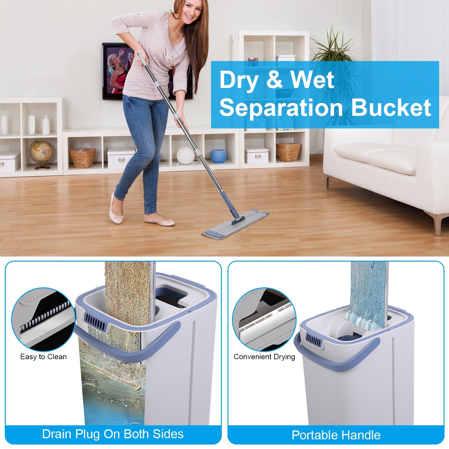 Mop Bucket with Wringer Set Flat Floor Mop Clean and Dry Separate Bucket 3 Replaceable Pads Hands Free Home Floor Cleaning Mop Reusable Washable Mop P