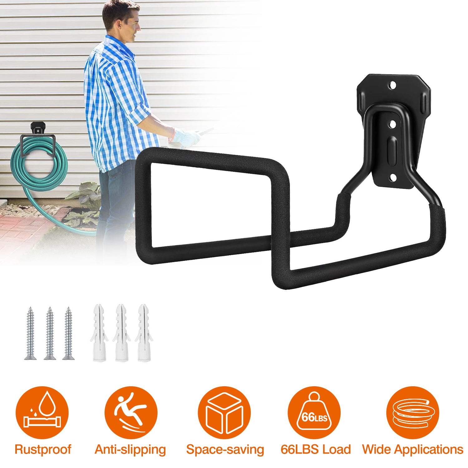 Heavy Duty Iron Hose Holder Wall Mounted Hose Hanger Hose Reel with 66LBS Load 3 Screws for Garden Garage Yard Workshop