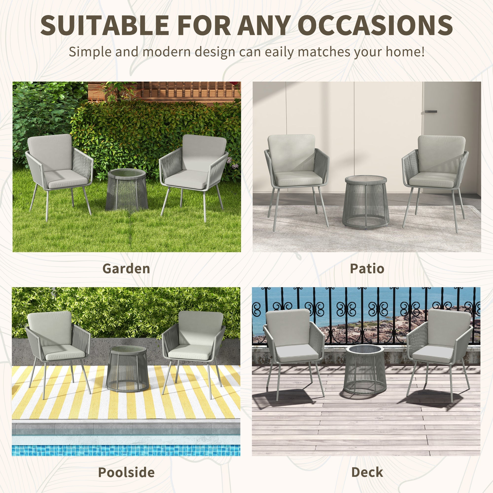 Outsunny 3 Piece Outdoor Patio Bistro Set, Wicker Rattan Furniture with Metal Legs for Garden, Backyard, Light Grey 
