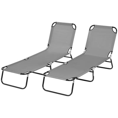 Outsunny Set of 2 Folding Outdoor Lounge Chair, Sun Tanning Chairs with Reclining Back, Breathable Mesh for Beach Patio, Grey 