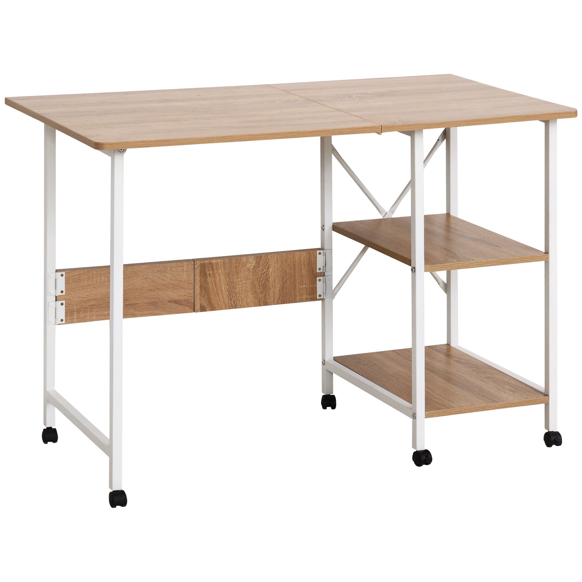 HOMCOM Folding Study Desk Storage Shelves Laptop Table Home Office Workstation 6 Wheels Natural 