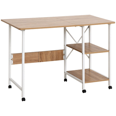 HOMCOM Folding Study Desk Storage Shelves Laptop Table Home Office Workstation 6 Wheels Natural 