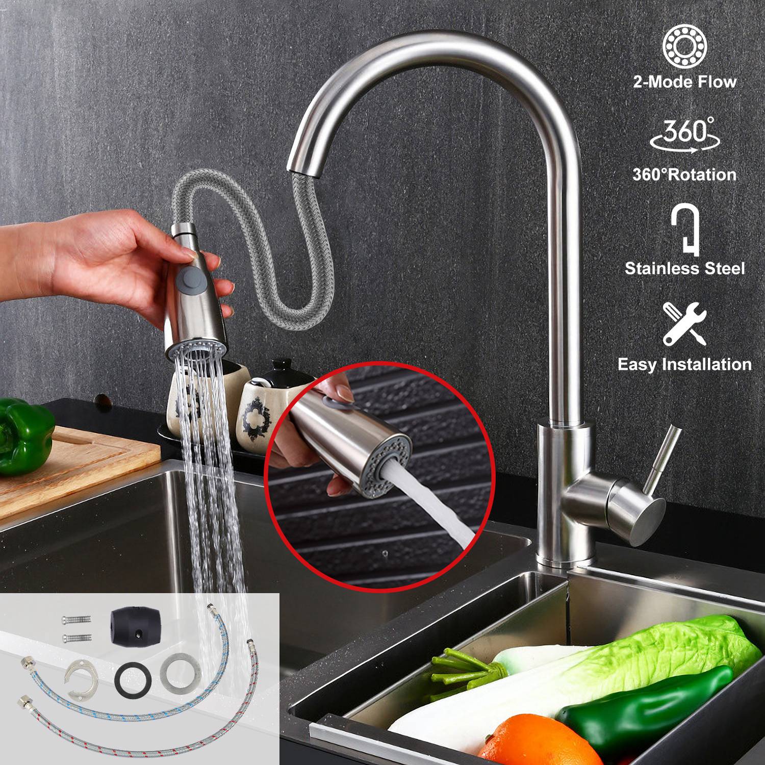 Kitchen Faucets Single Handle Kitchen Sink Faucet Brushed Nickel Stainless Steel Pulldown Head Faucet w/Flexible Pullout Sprayer