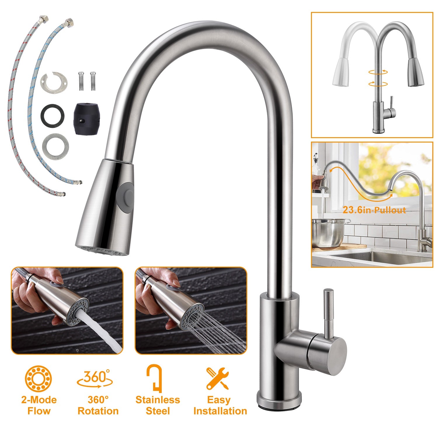 Kitchen Faucets Single Handle Kitchen Sink Faucet Brushed Nickel Stainless Steel Pulldown Head Faucet w/Flexible Pullout Sprayer