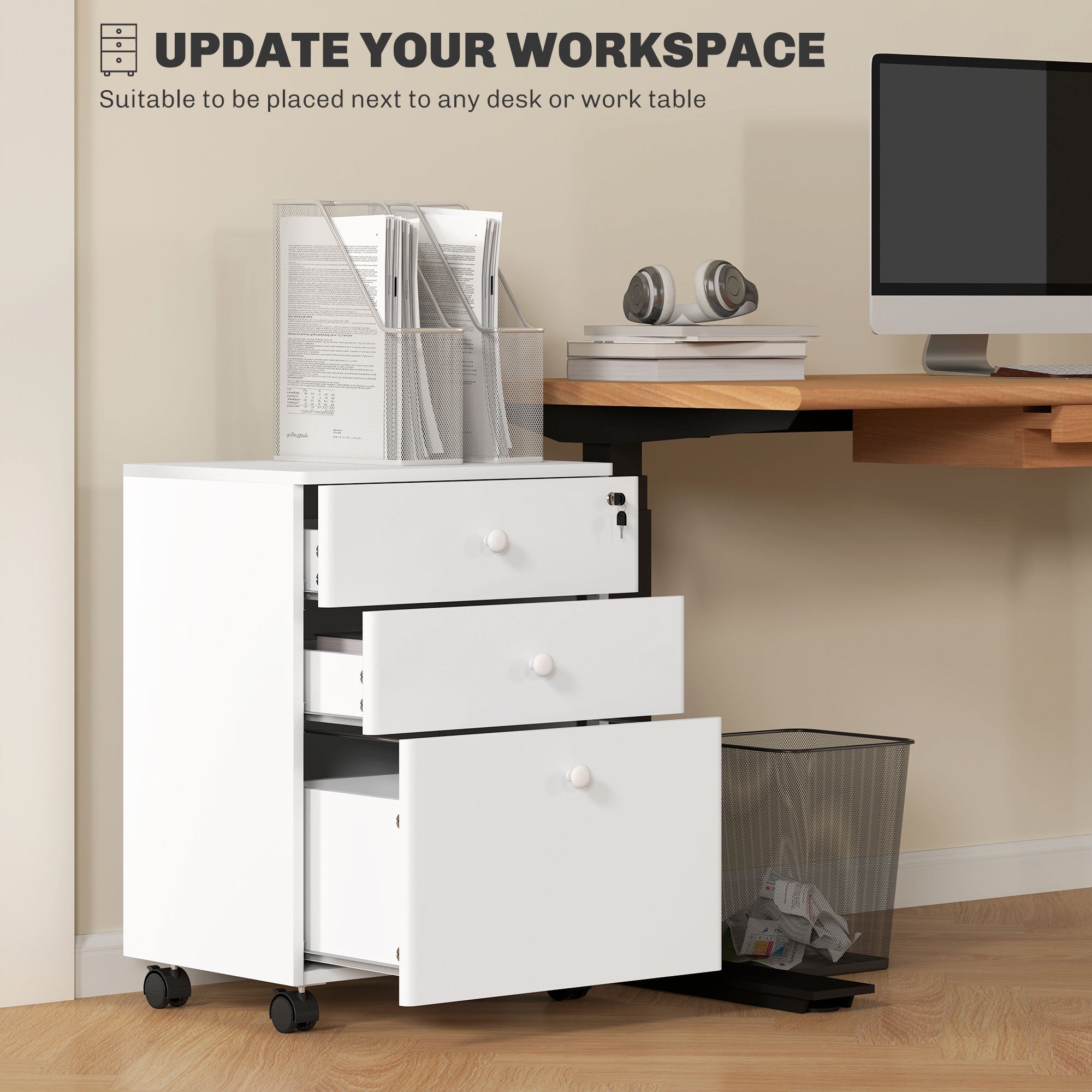 HOMCOM 3-Drawer Small Filing Cabinet with Lock, Vertical Office Storage Cabinet with Wheels for Home Office, White 