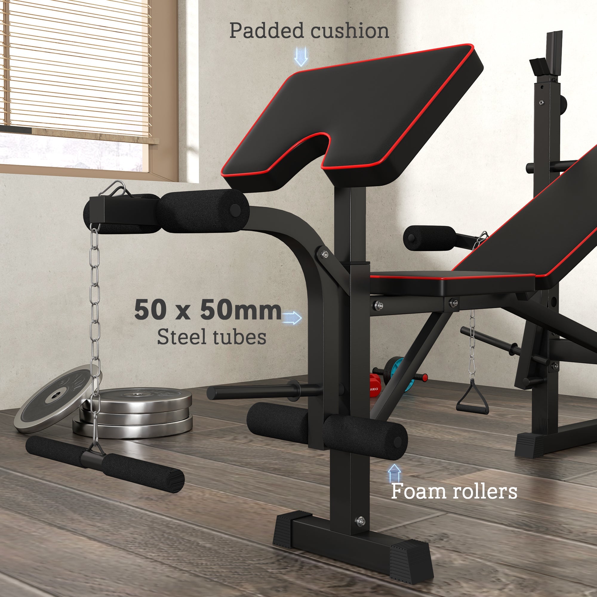 Soozier Folding Weight Bench with Barbell Rack, Preacher Curl Bench, Leg Curl Machine for Home Weight Lifting Strength Training 