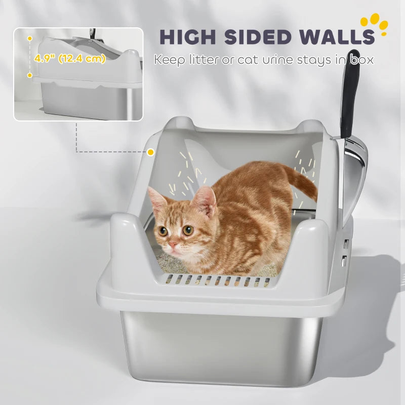 Cat Litter Box Stainless Steel with Metal Litter Scoop, Never Absorbs Odors, Anti Leakage, 17" x 13" x 10", Grey