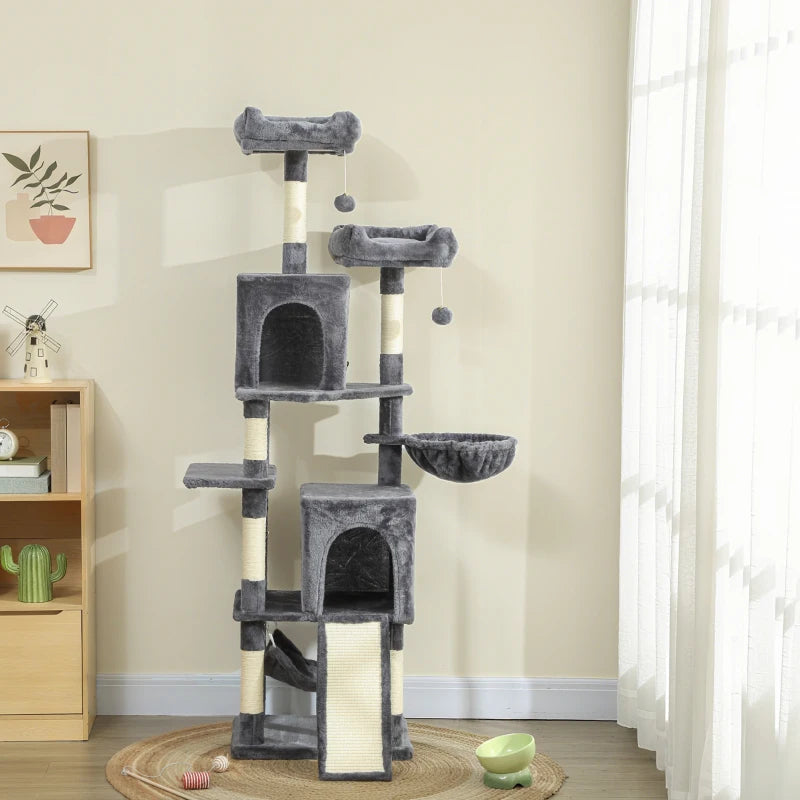 Cat Tree, 70" Multi-Level Cat Tower with 2 Condos, 2 Perches, Hammock, Toy Balls, Scratching Posts and Board, Dark Grey