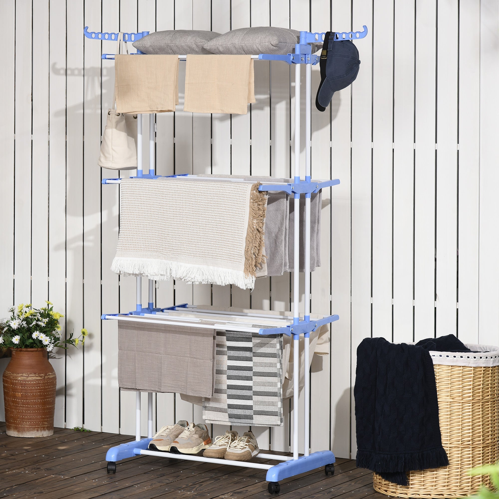 HOMCOM Foldable Clothes Drying Rack, 4-Tier Steel Laundry Racks for Drying Clothes with 2 Side Wings and 4 Castors,  Blue 