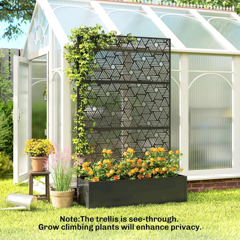 Metal Planter Box with Trellis, 70" Tall Raised Garden Bed with Privacy Screen, Hexagon and Line Cut-Out