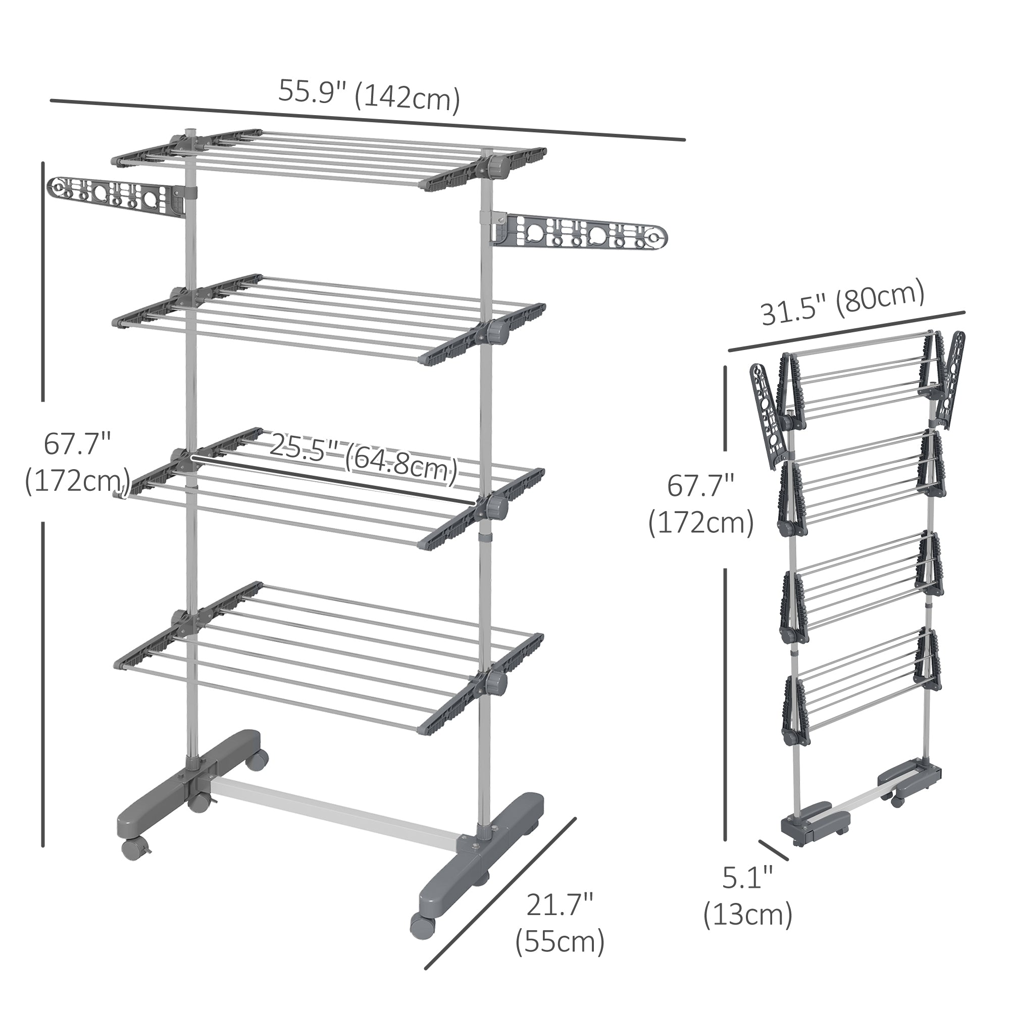 HOMCOM Laundry Rack Drying 4-Tier Stainless Steel Foldable Clothes Airer with Side Wings 6 Castors Grey 