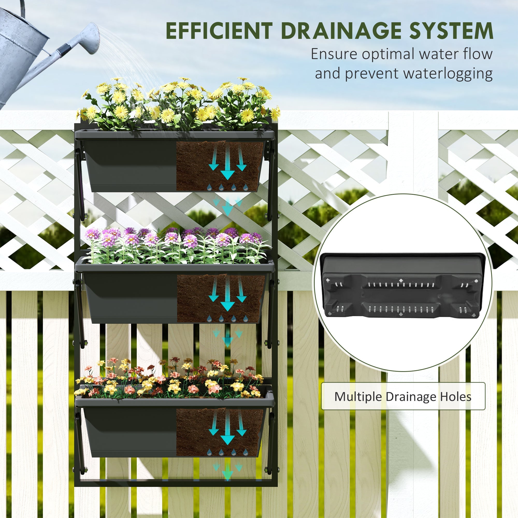 Outsunny 3-Tier Wall-Mounted Planter Box with 3 Pots, Vertical Planters for Outdoor Plants, Dark Grey 