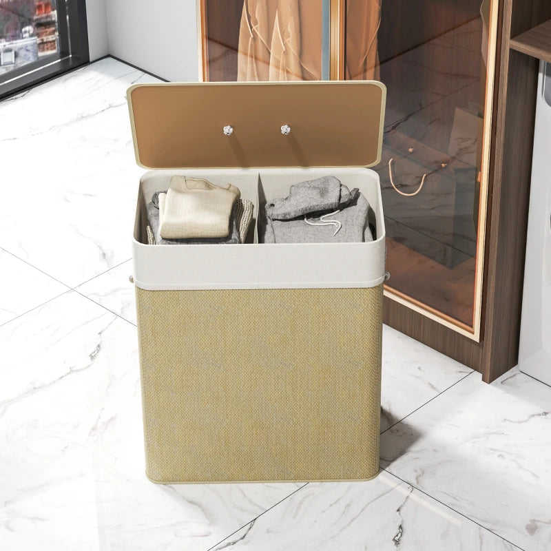 Double Laundry Basket with Lid, 100L Bamboo Laundry Hamper with Rope Handles and Removable Bags, Natural