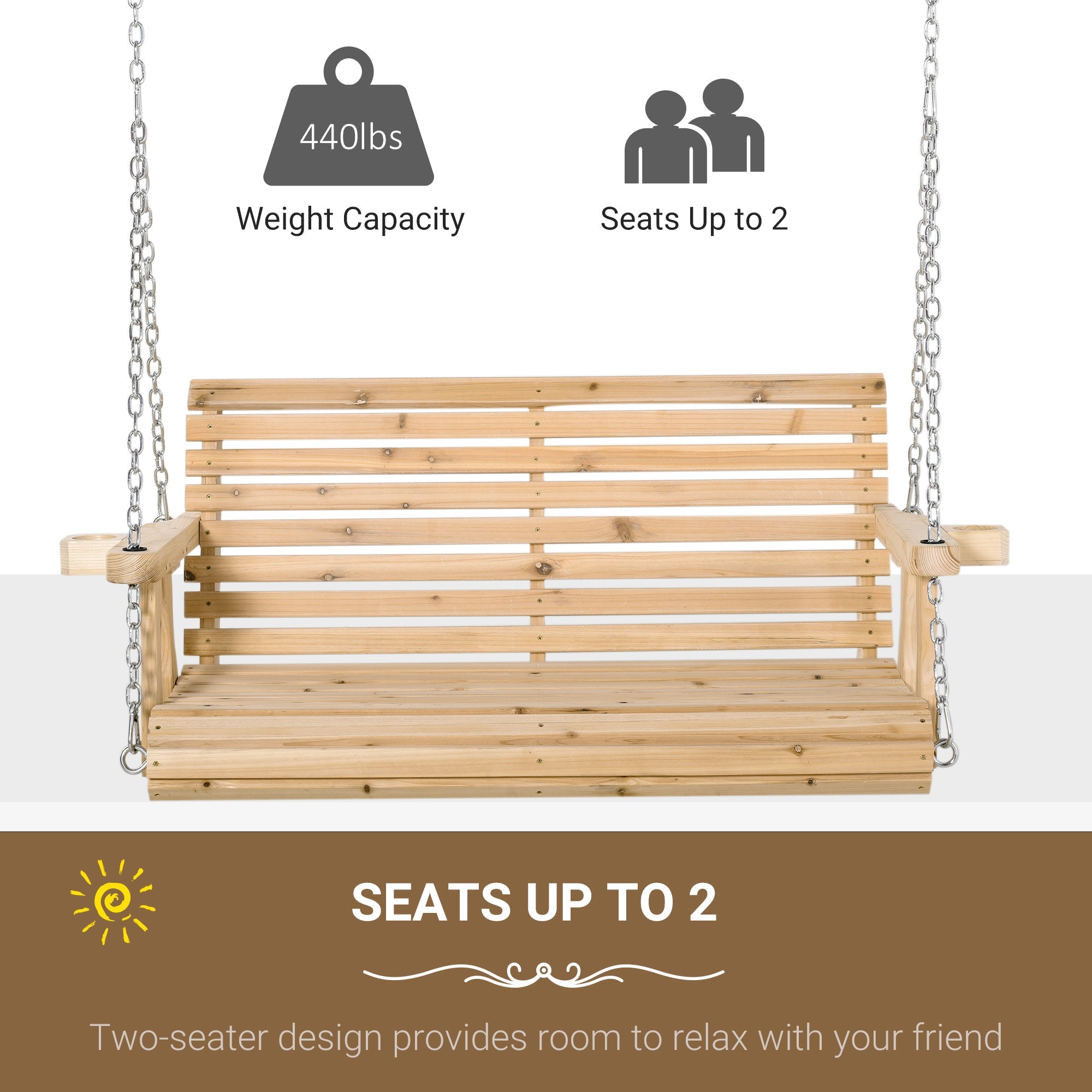 Outsunny 2 Seater Wooden Porch Swing Patio Swing Seat with Cup Holder and Chains Outdoor Swing Bench for Garden Yard, Natural 
