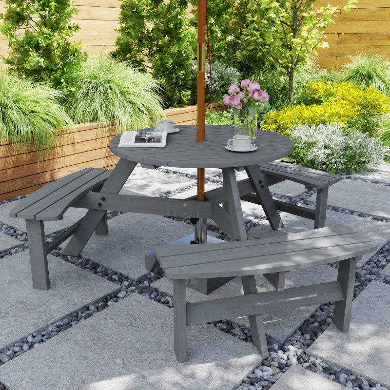 6 Person Round Picnic Table Bench Set with Umbrella Hole, Wood Patio Table with 3 Built-in Benches for Garden, Deck, Backyard, Grey