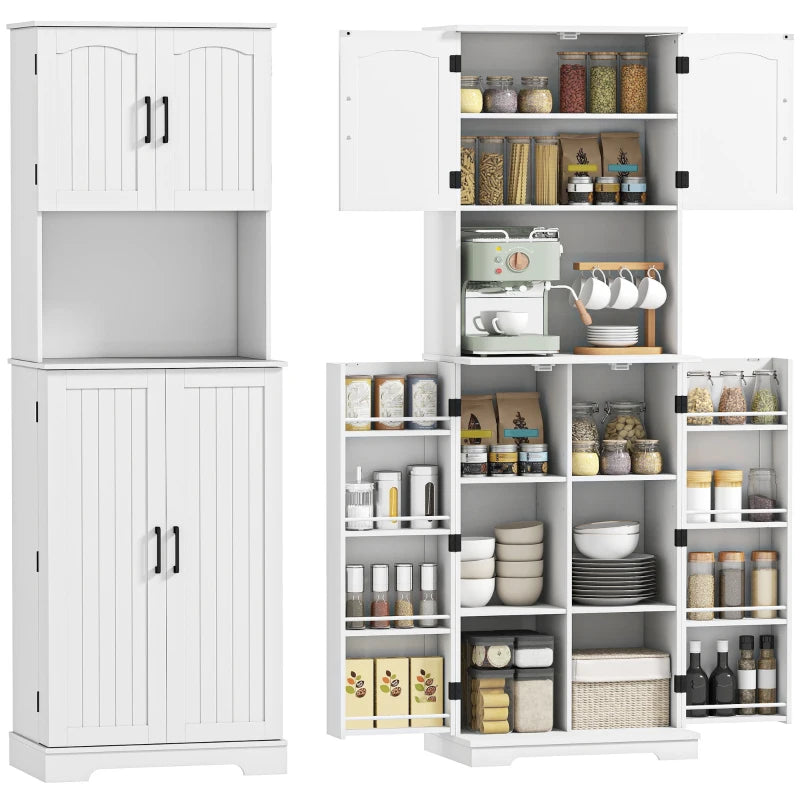 71.5" Tall Pantry Cabinet, Farmhouse Kitchen Storage Cabinet with Adjustable Shelves, 8 Door Spice Racks, White