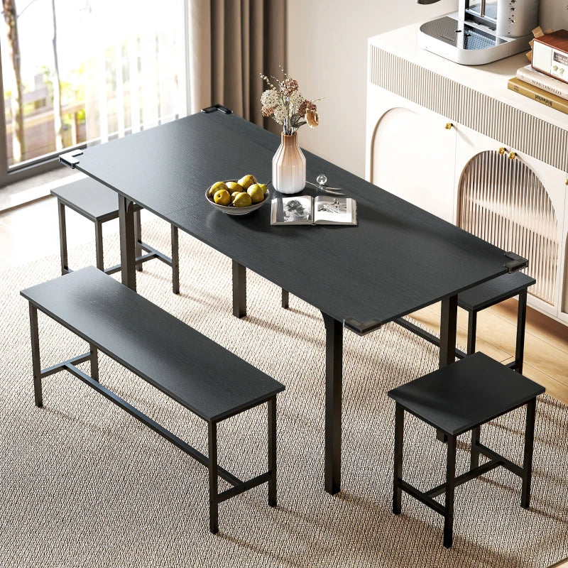 Extendable Dining Table Set, 5-Piece Dining Set for 4-6 with 2 Benches and 2 Stools for Small Spaces, Black