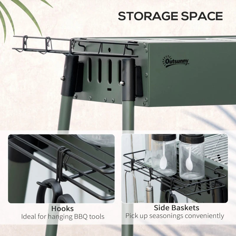 Portable BBQ Grill, Charcoal Grill with Side Seasoning Baskets, Hooks and Nets for Outdoor, Picnic, Camping, Dark Green