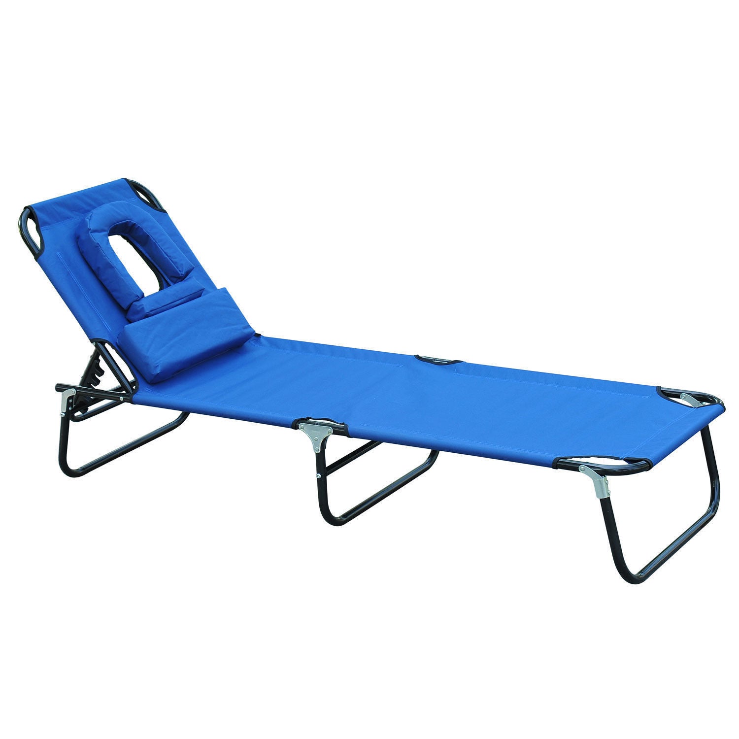 Outsunny Sun Lounger with Reading Hole Adjustable Garden Outdoor Reclining Chair Folding Camping Beach Bed Blue 