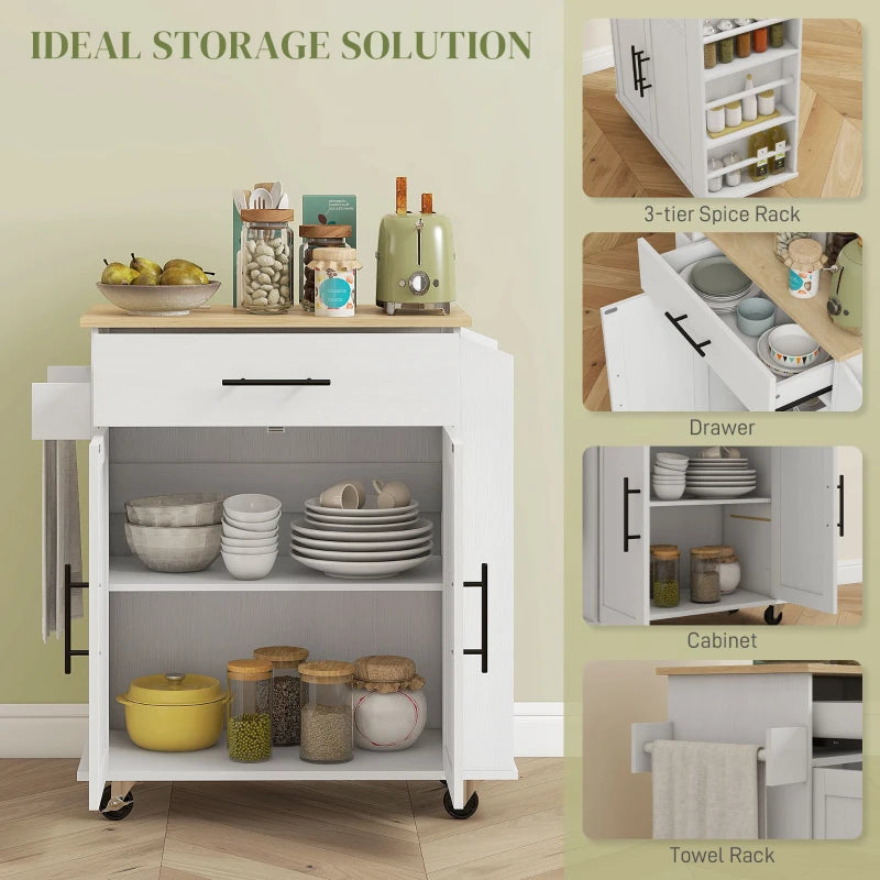 Rolling Island with Wheels for Kitchen, Kitchen Island on Rollers with Power Outlets, Drawer and Doors