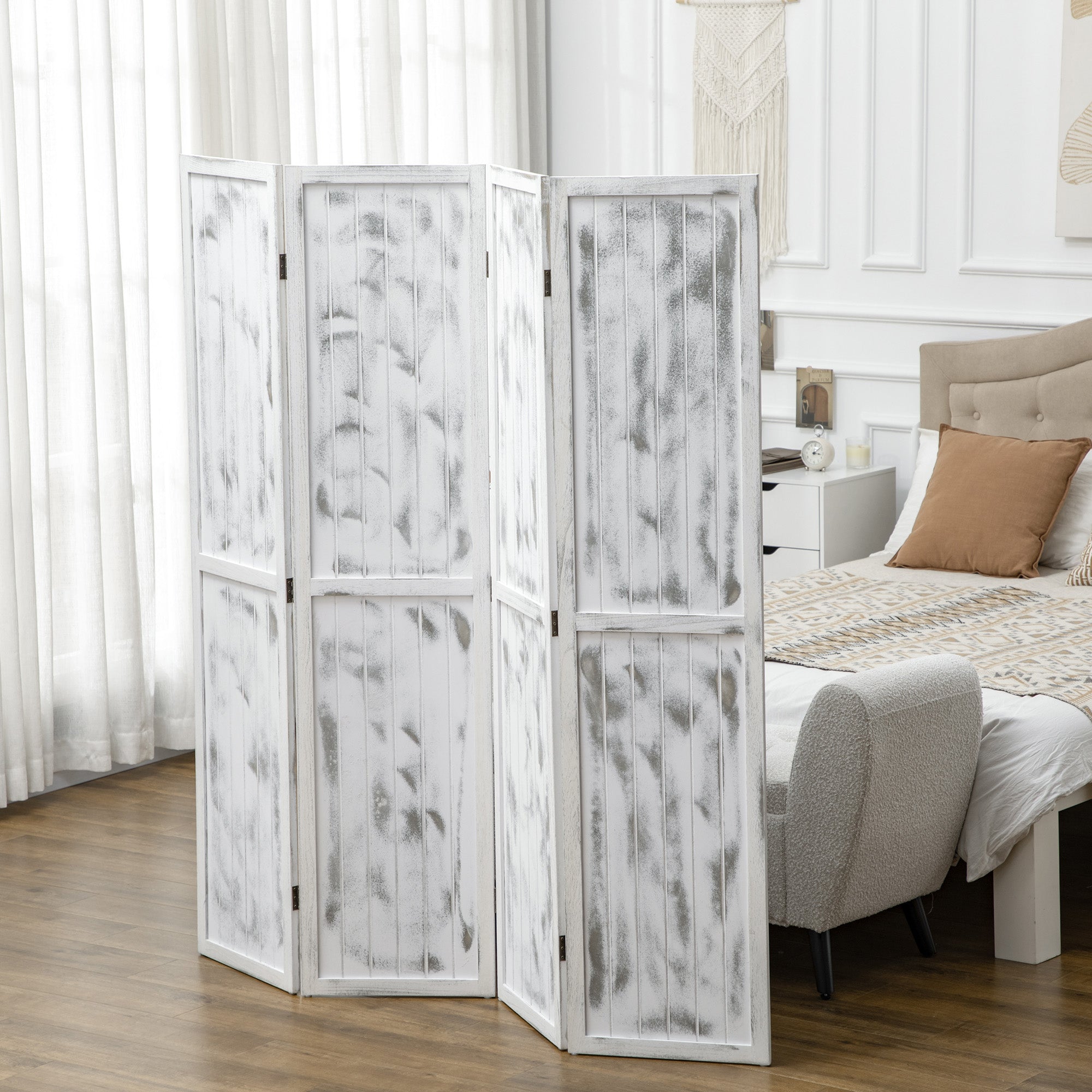 HOMCOM Rustic Retreat: Room Divider Screen, Foldable Privacy Screen for Bedroom, Office, 5.5' Rustic White Finish 