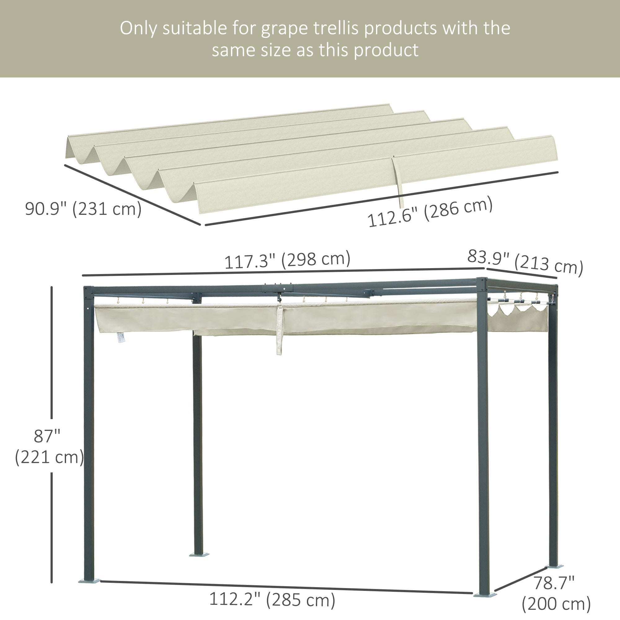 Outsunny Pergola Canopy, Retractable Sun Shade Cover for 9.8' x 7.1' Pergola, UV30+ Protected, Cream White 