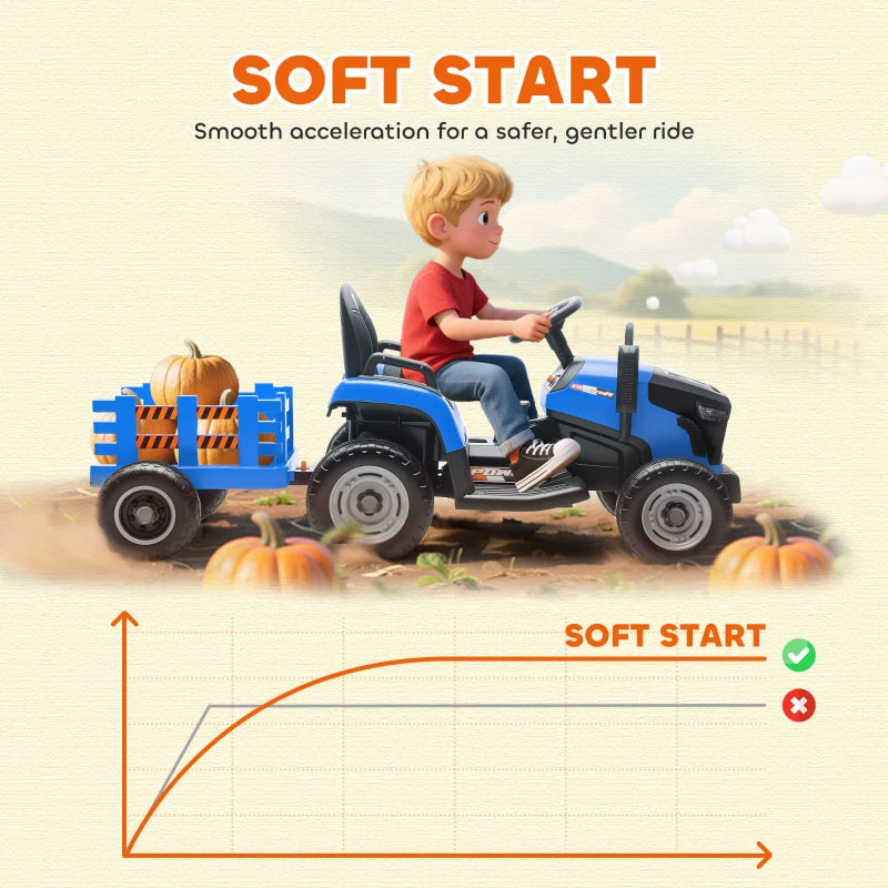 Qaba 12V Kids Ride On Tractor with Trailor, Remote Control, Music, Lights, Shifter, for Kids Ages 3-8 Years, Blue