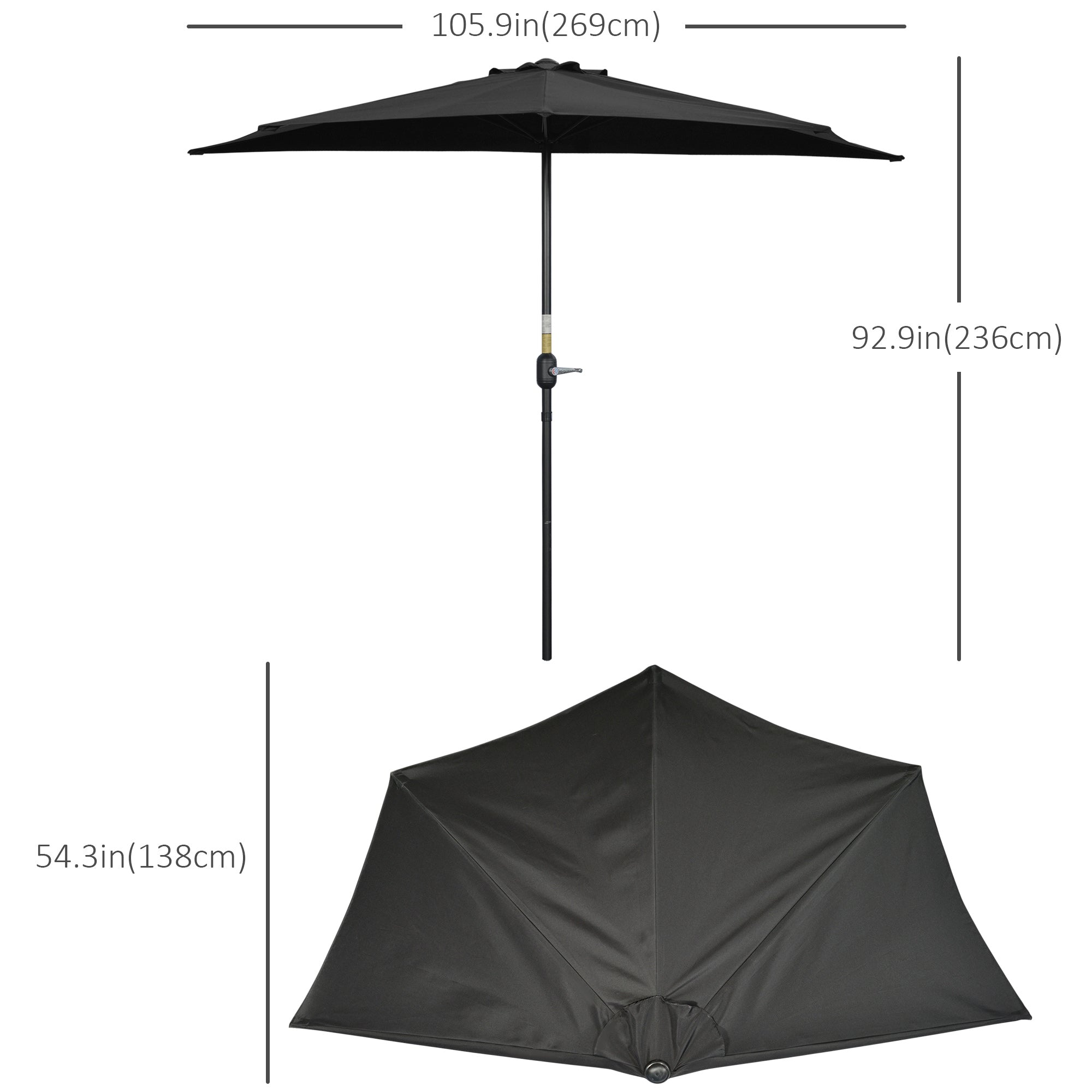 Outsunny Patio Umbrella: 9ft Half Round Balcony Garden Parasol Sun Shade Black 