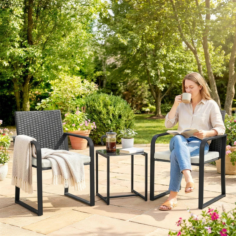 Outdoor Bistro Set, 3 Piece Wicker Patio Furniture with Mesh Seat, Glass Table, Cushions for Porch, Balcony, Cream White