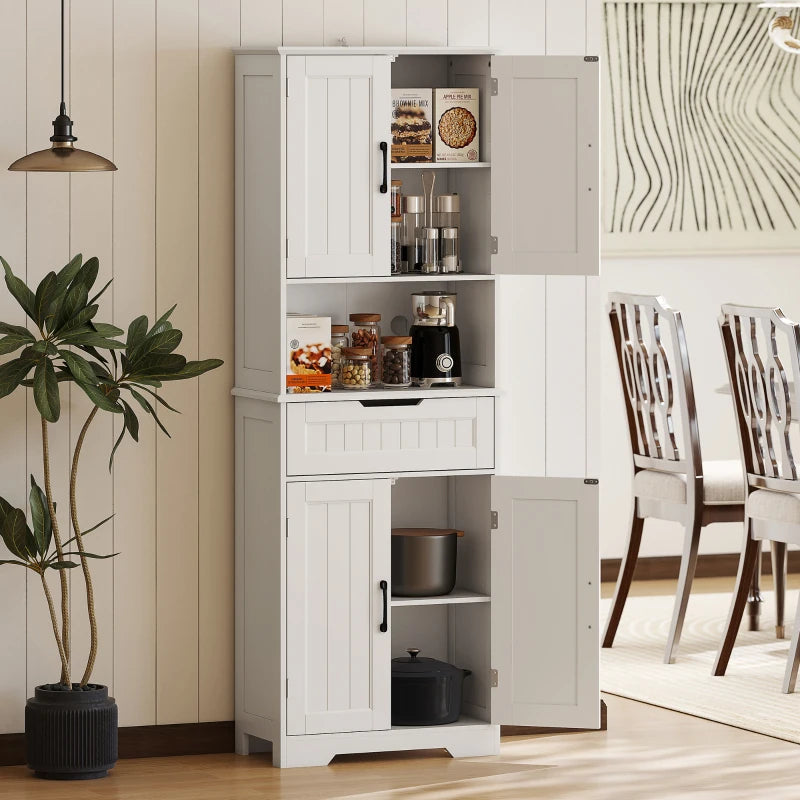 Kitchen Buffet with Hutch, 68" Tall Kitchen Pantry Cabinet with Small Open Counter, 4 Doors, Drawer, White
