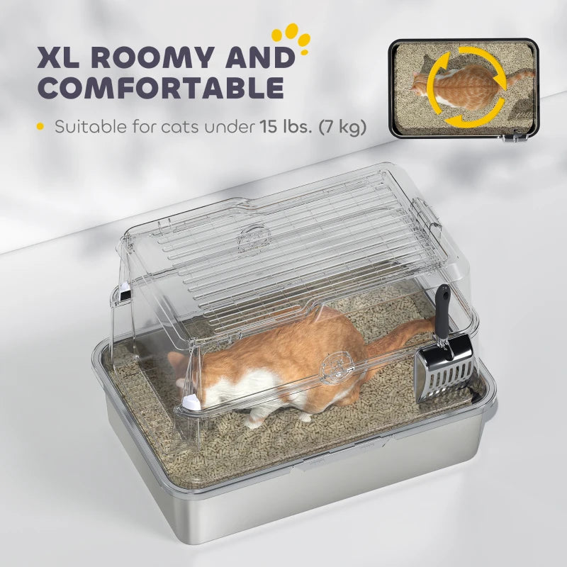 XL Stainless Steel Cat Litter Box for Big Cats with Flip Top, Scoop, Easy Clean & No Odors, Non-Sticky