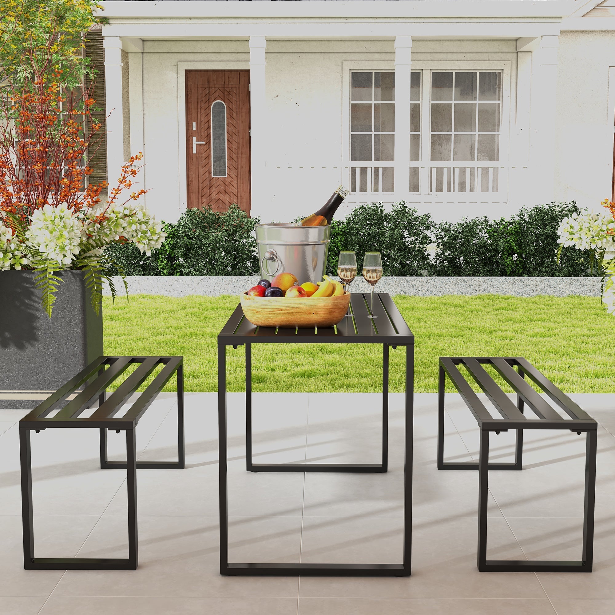 Outsunny 3-Piece Metal Outdoor Picnic Table Set, Durable Garden Patio Furniture with 2 Benches, Black 