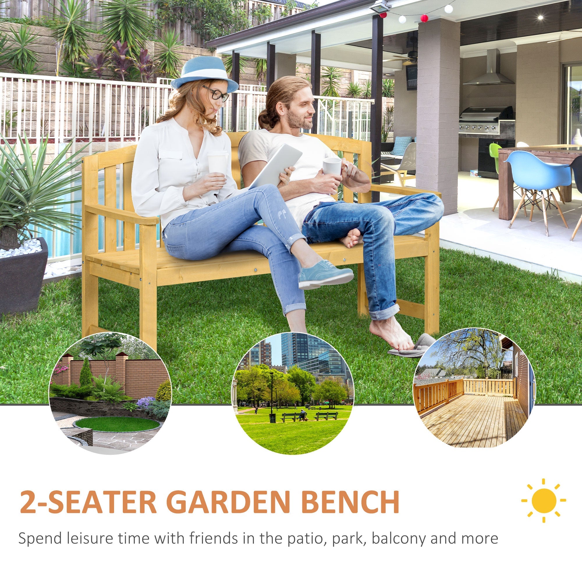 Outsunny Garden Bench 4.7Ft 2 Seater Outdoor Patio Seat Slatted Design for Park Yard Indoor Orange 