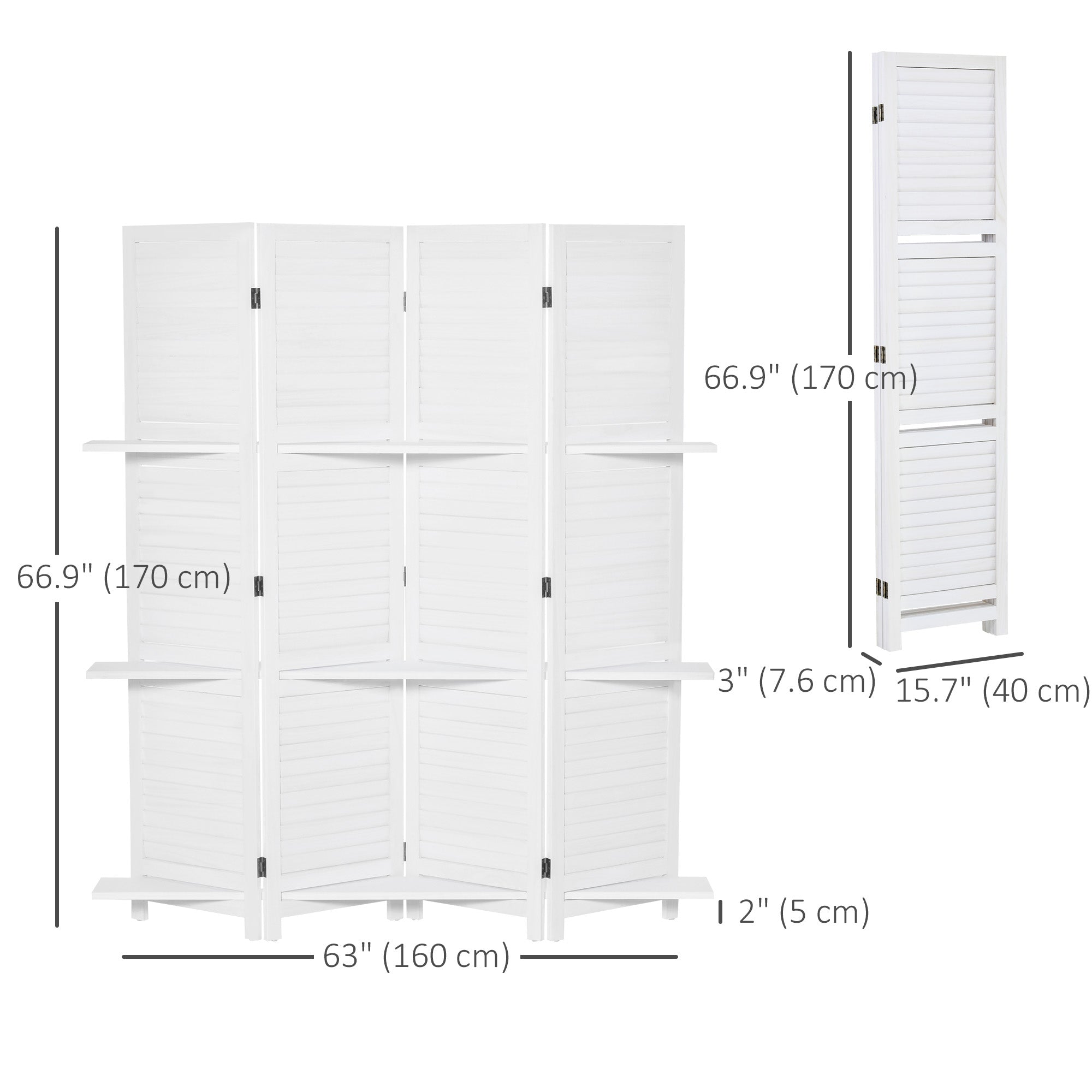 HOMCOM 5.6' 4-Panel Wood Room Divider Folding Privacy Screen Indoor Panels 3 Shelves White 