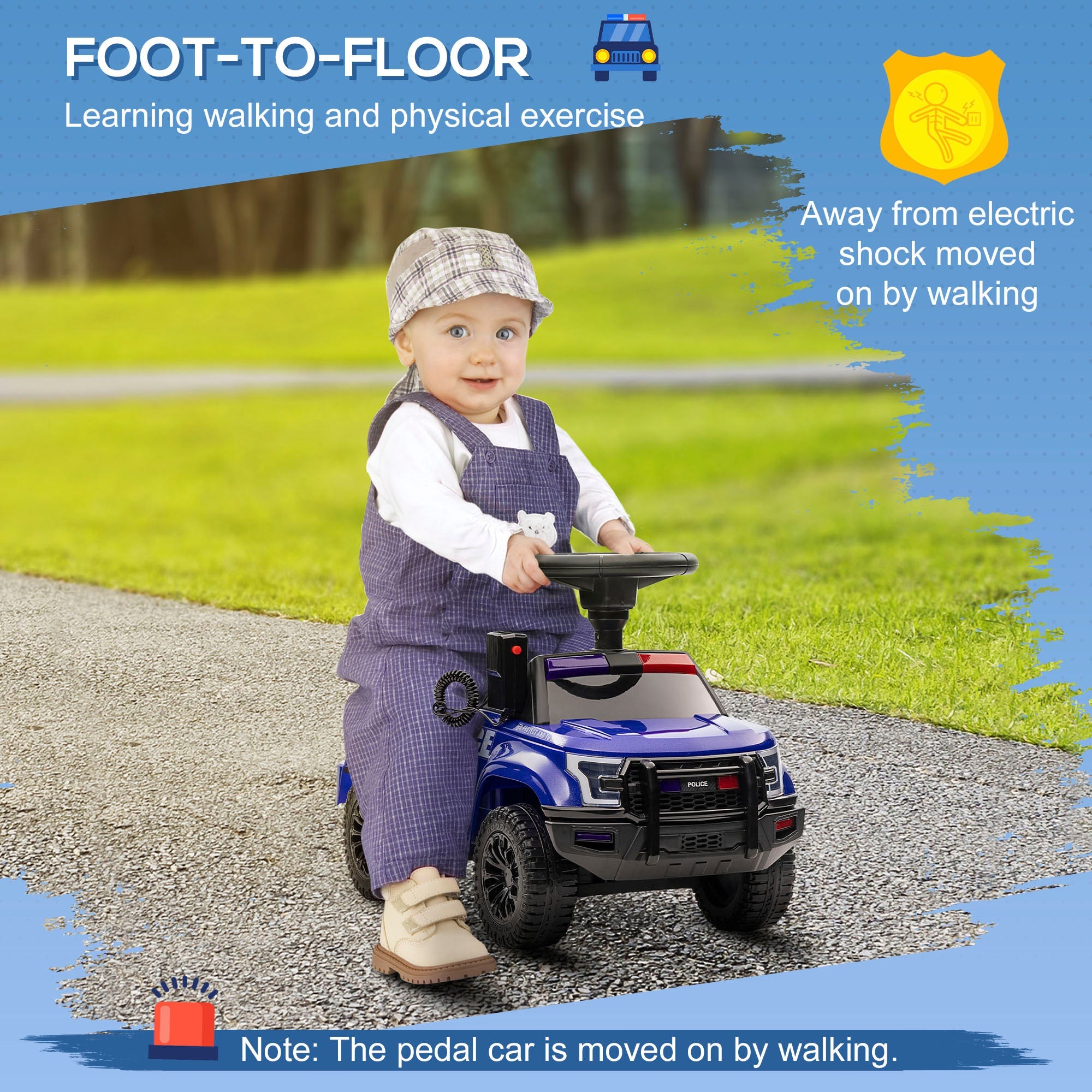 Aosom Kids Ride On Police Car Sliding Vehicle with Under Seat Storage Megaphone Anti-Tip Blue 