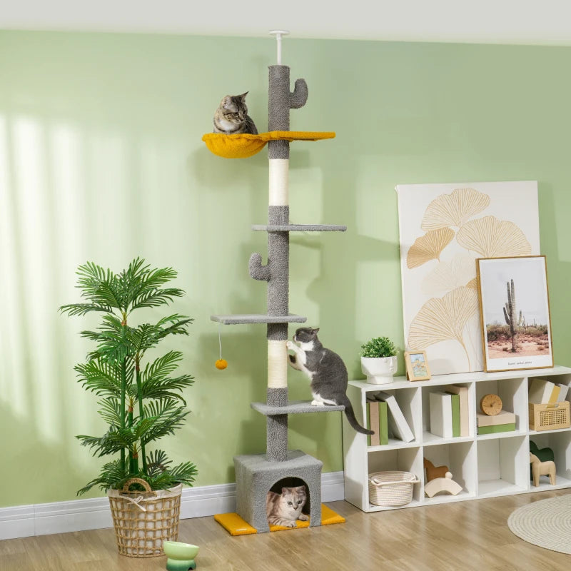 Floor to Ceiling Cat TreeTower with 90.5"-108" Adjustable Height, Scratching Posts, Hammock, Comdo, Toy Ball, Light Grey
