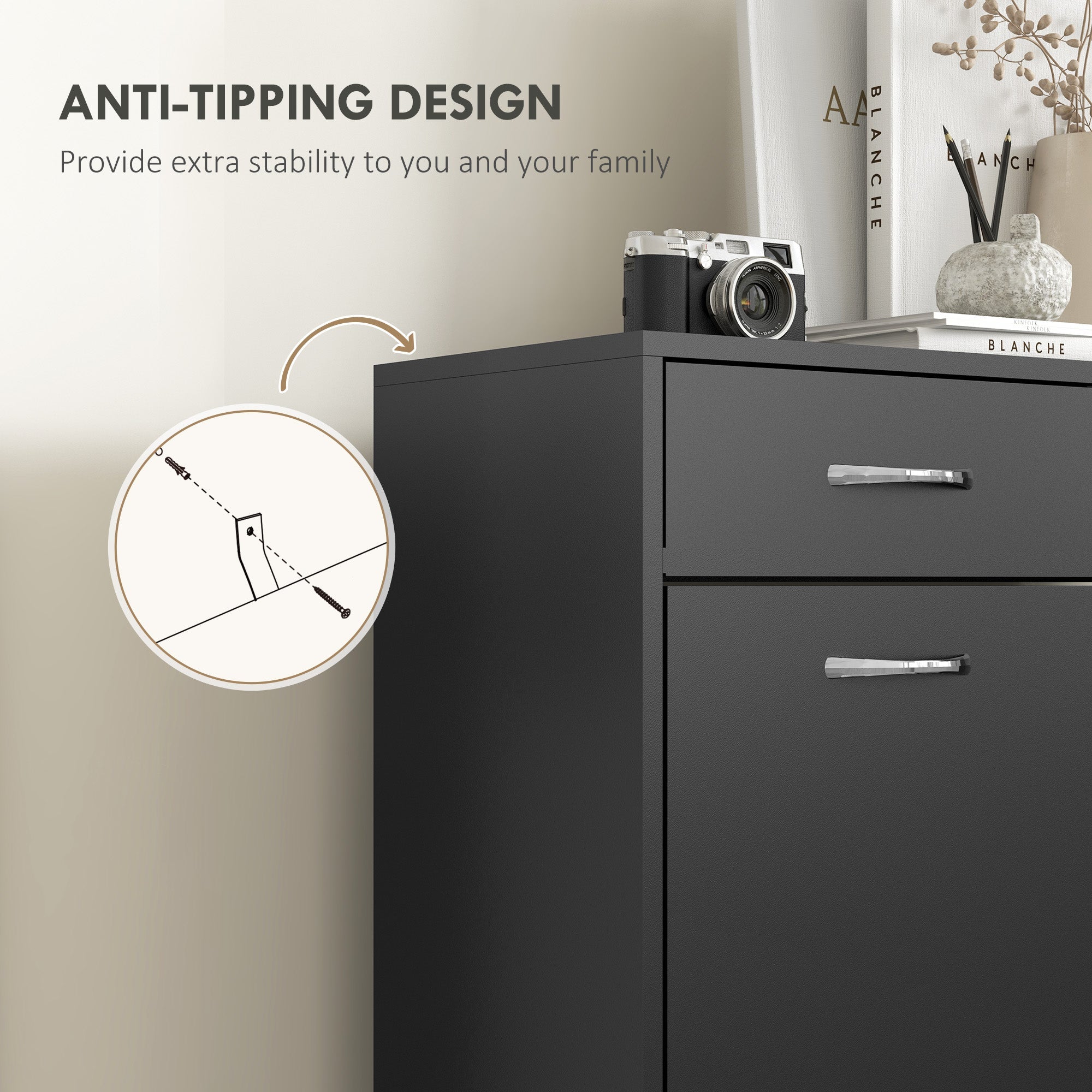 HOMCOM Shoe Storage Cabinet 12 Pairs Adjustable Shelves 2 Drawers Space Saving Compact Black 