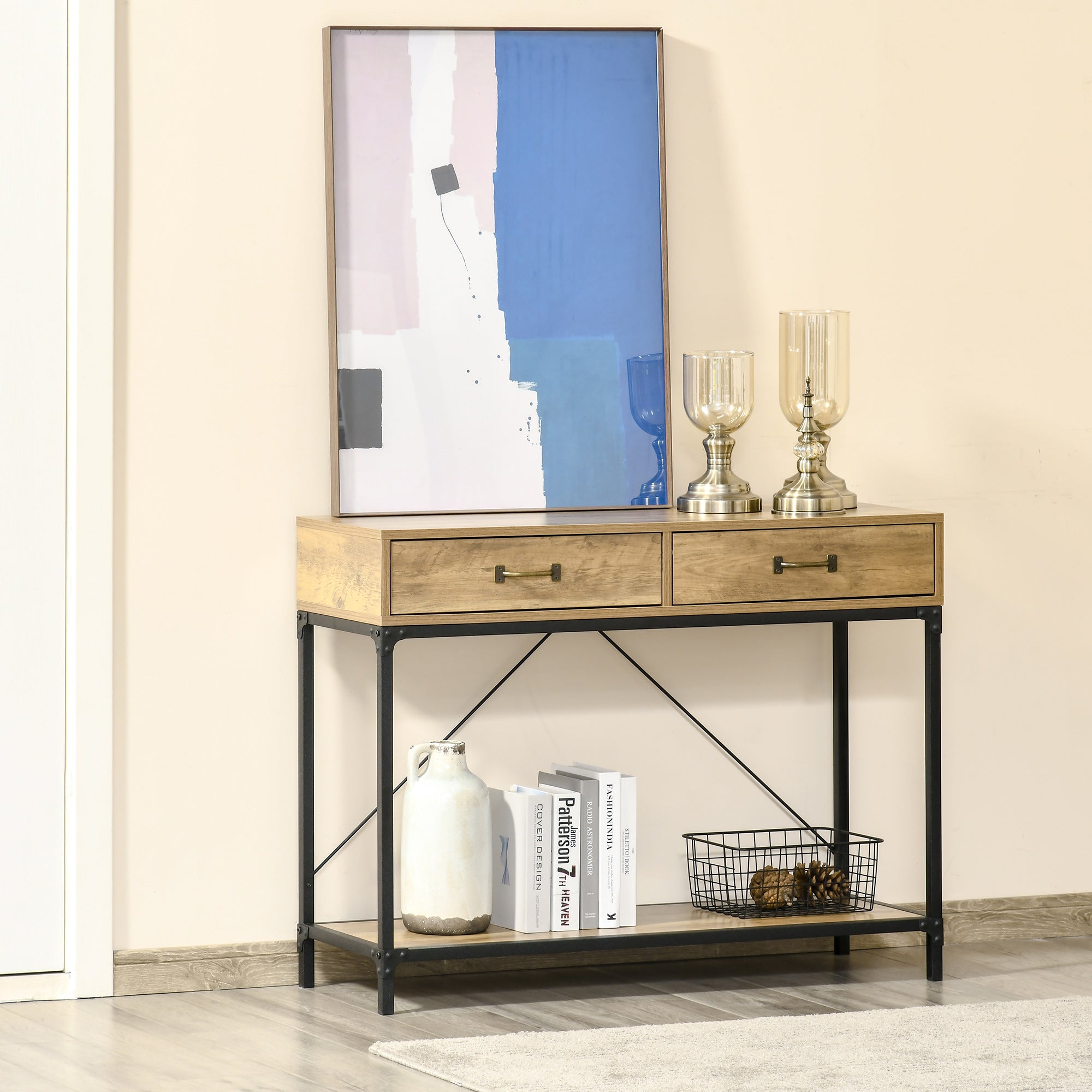 HOMCOM Vintage Console Table: Sofa Table with Storage Drawers & Shelf, Living Room/Entryway/Bedroom, Brown 