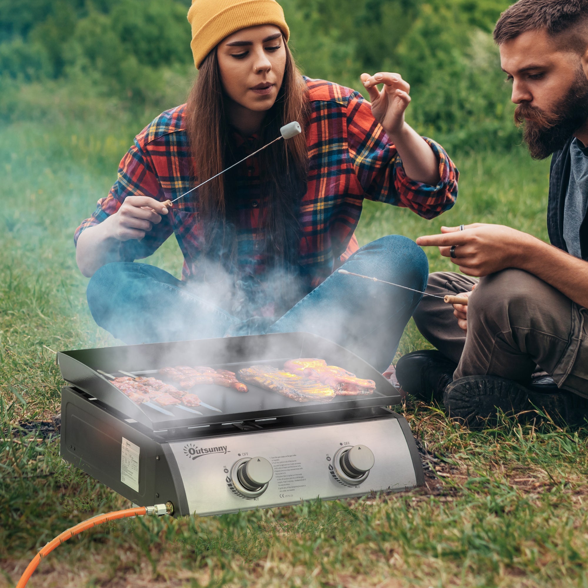 Outsunny 2 Burner Liquefied Gas Grill, Portable Tabletop BBQ Grill, for Camping, Picnic, Silver 