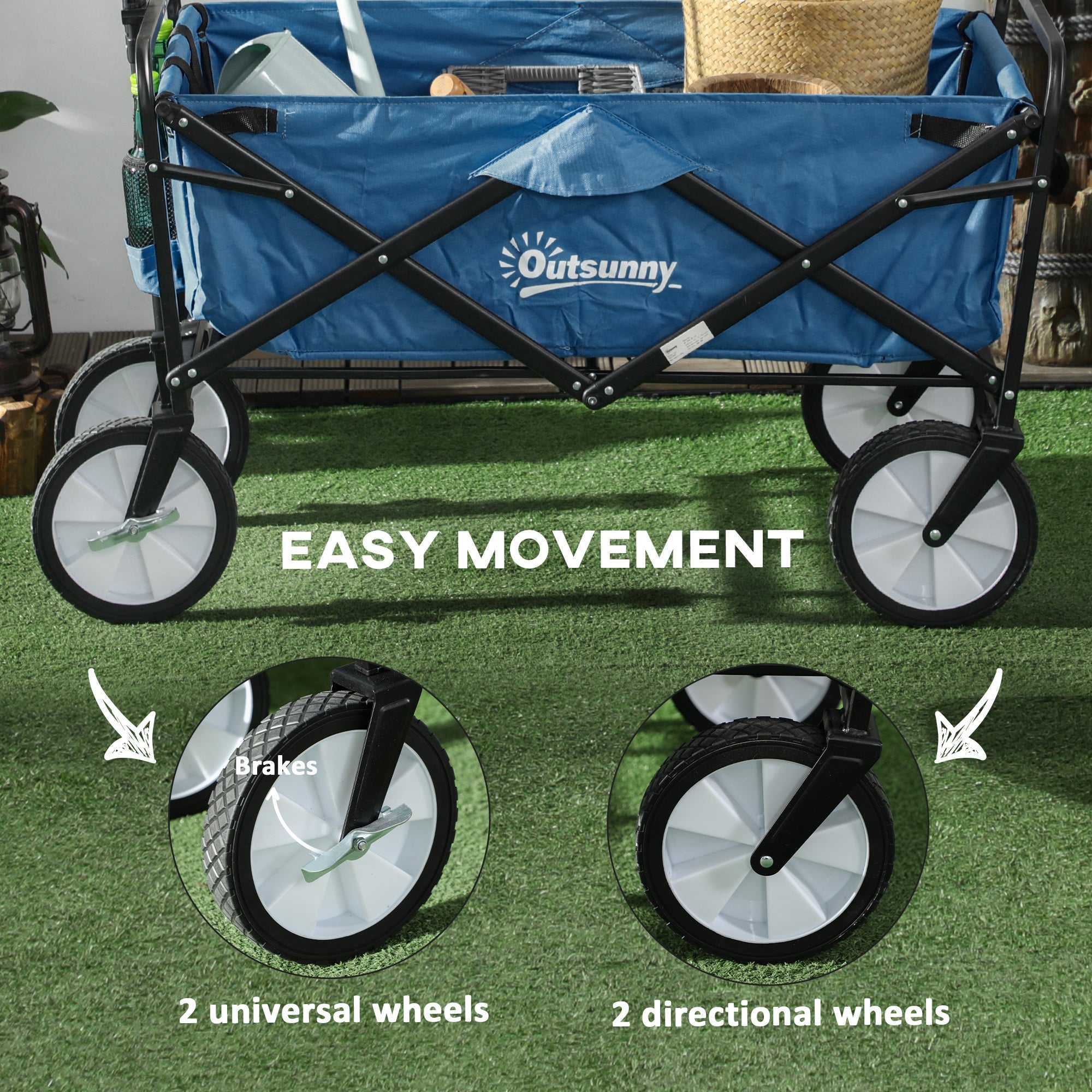 Outsunny Folding Wagon Cart Collapsible Camping Trolley Garden Heavy Duty Shopping Cart with Navy Blue 